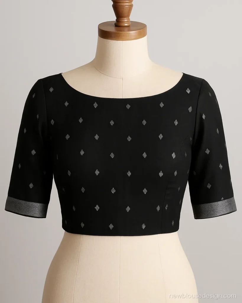 Black jamdani blouse front with boat neck and silver thread woven motifs