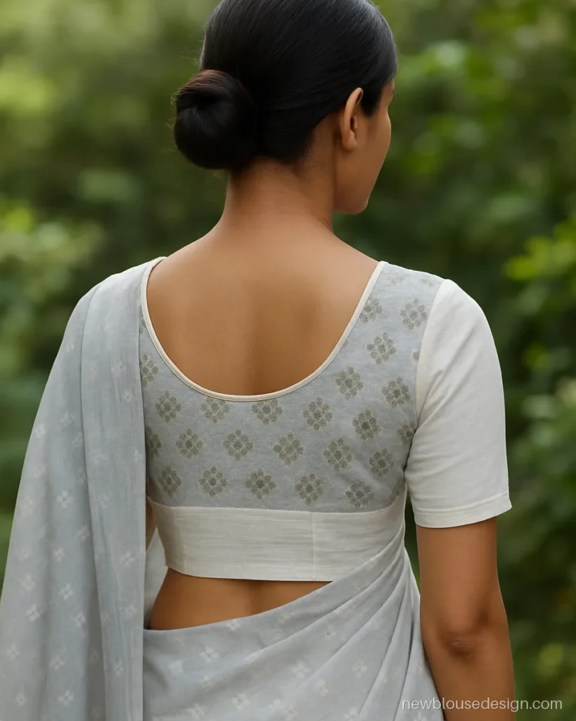Jamdani blouse back design in white with woven motif yoke and round neck