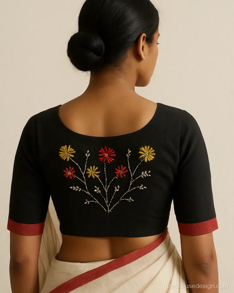 Black cotton Bengali style blouse design with colourful kantha stitch flowers on the back