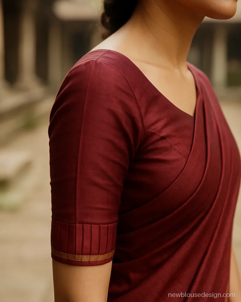 Bengali kuchi hata blouse design in maroon silk with fine pleats at the hem