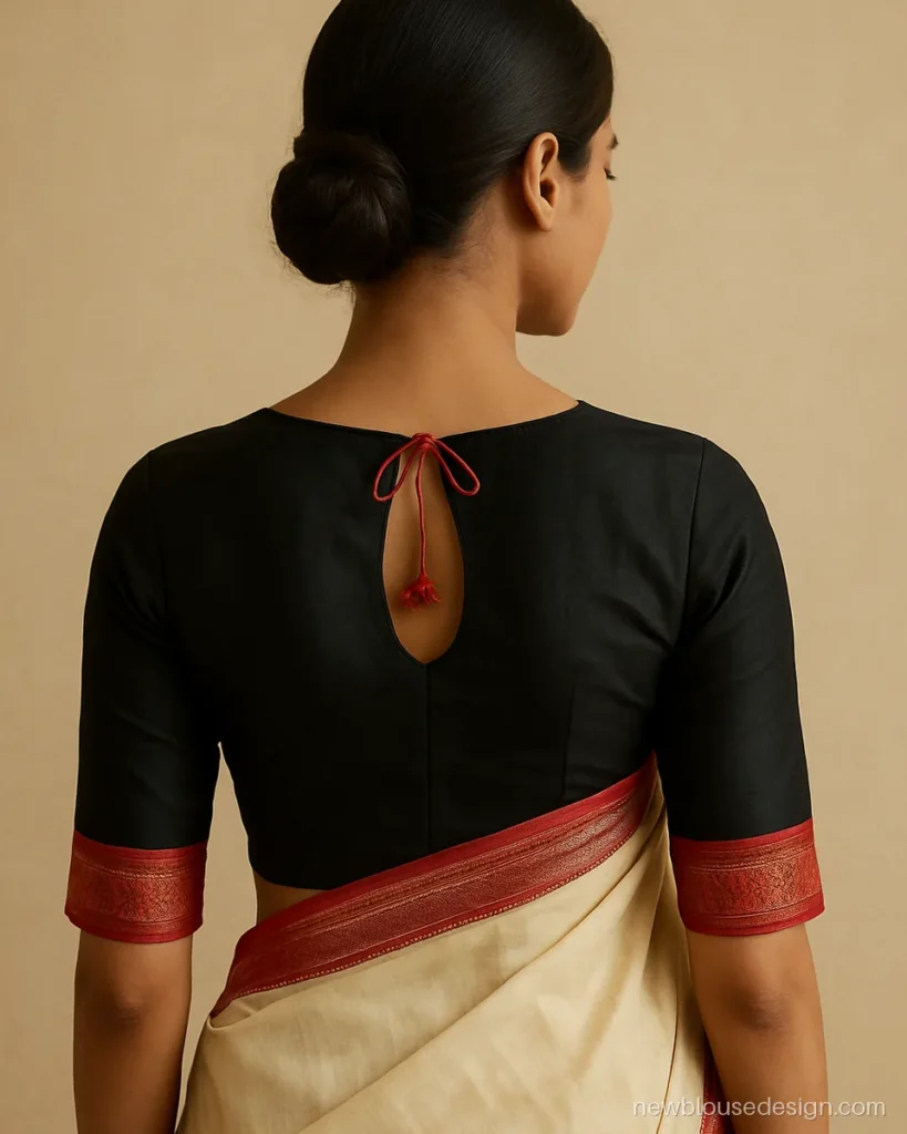 Simple back side blouse design for mekhela sador in black silk with keyhole and dori