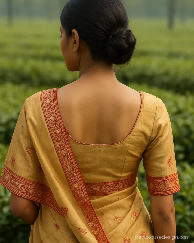Muga blouse design in golden muga silk with U back and red woven motif border