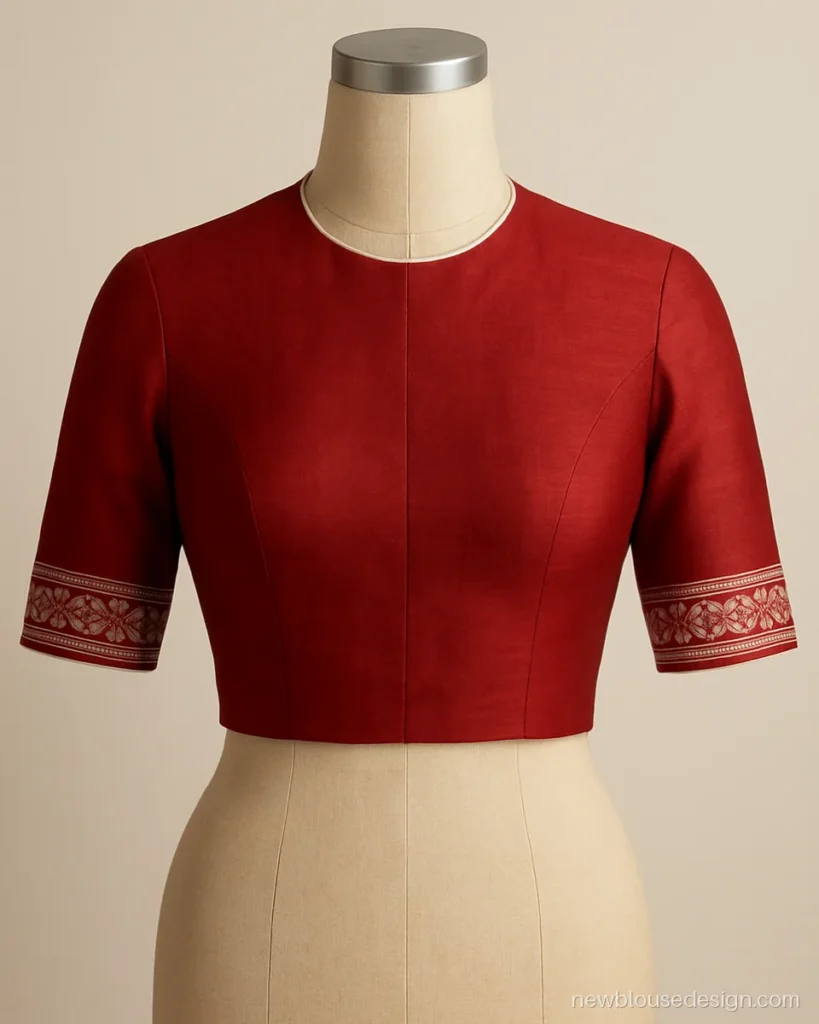 Red pat silk mekhela sador blouse front with high neck and white piping