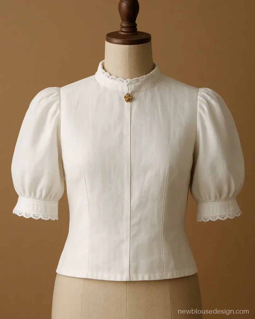 Bengali sabeki blouse design in white cotton with high lace neck and puffed elbow hata