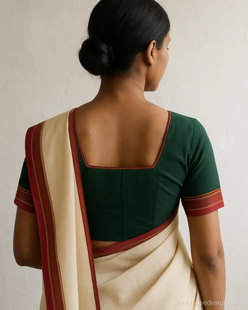 Bengali saree blouse design in bottle green cotton with tant border around a square back