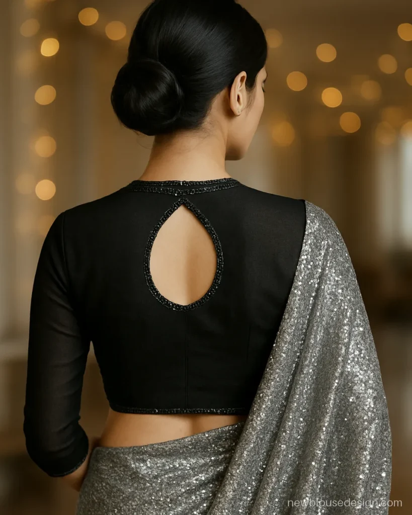 Black blouse design back side with round ring cut-out and sequin edging
