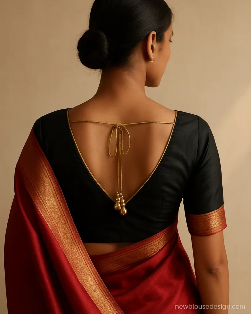 Stylish black blouse back design with deep V neck and gold dori latkans