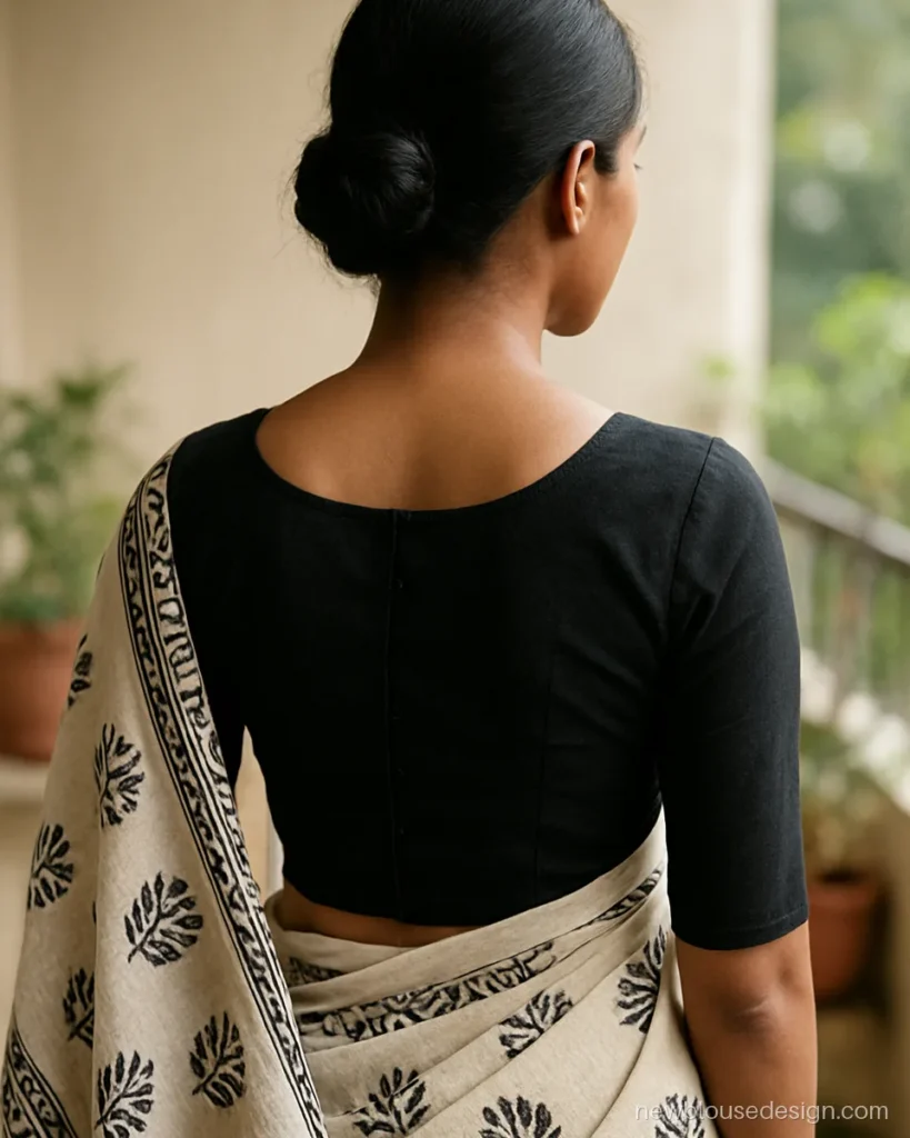 Simple black blouse back design in cotton with round neck and back hooks
