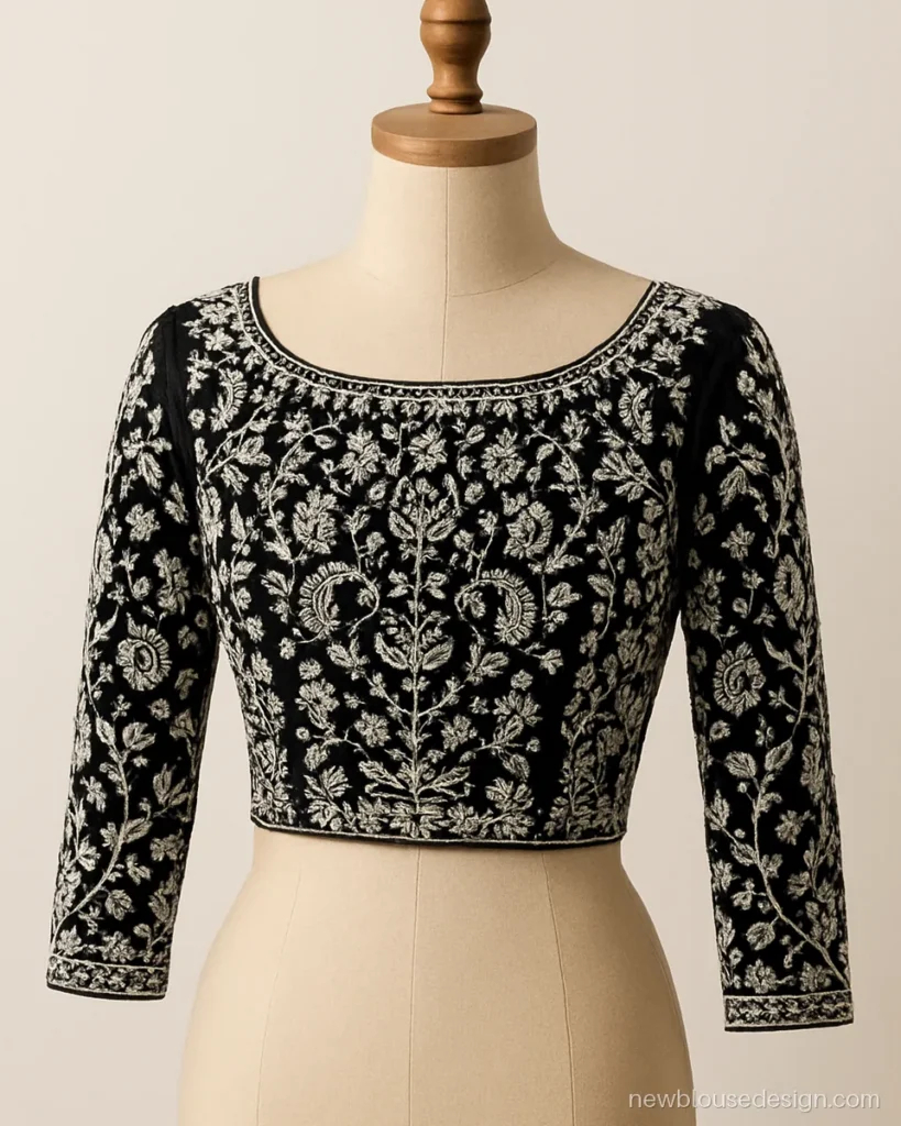Black and white chikankari blouse with boat neck and full sleeves on dress form