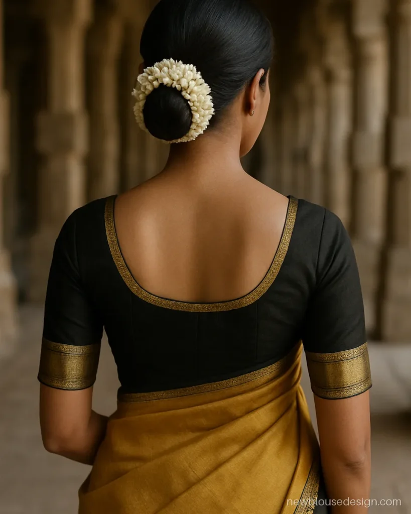 Black golden blouse design back with wide Kanjivaram zari border
