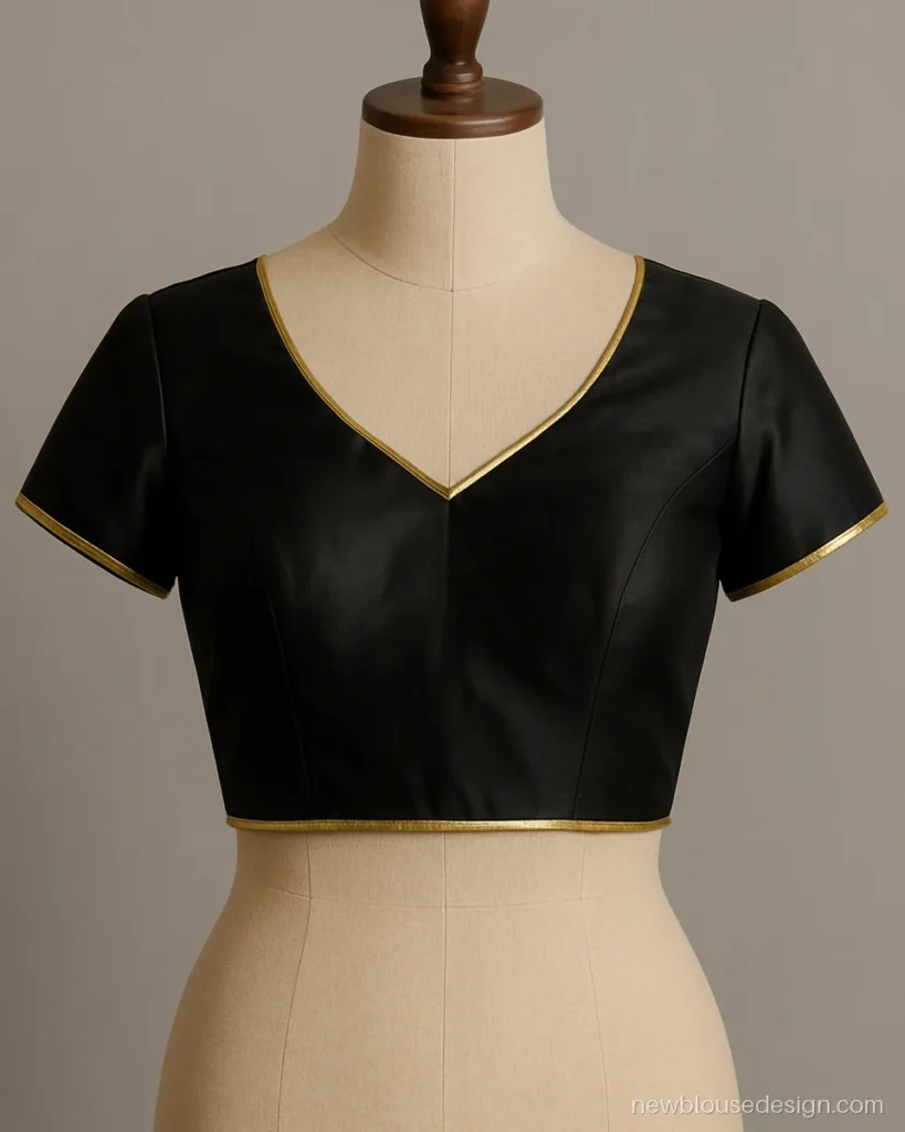 Black blouse design front with V neck and gold tissue piping