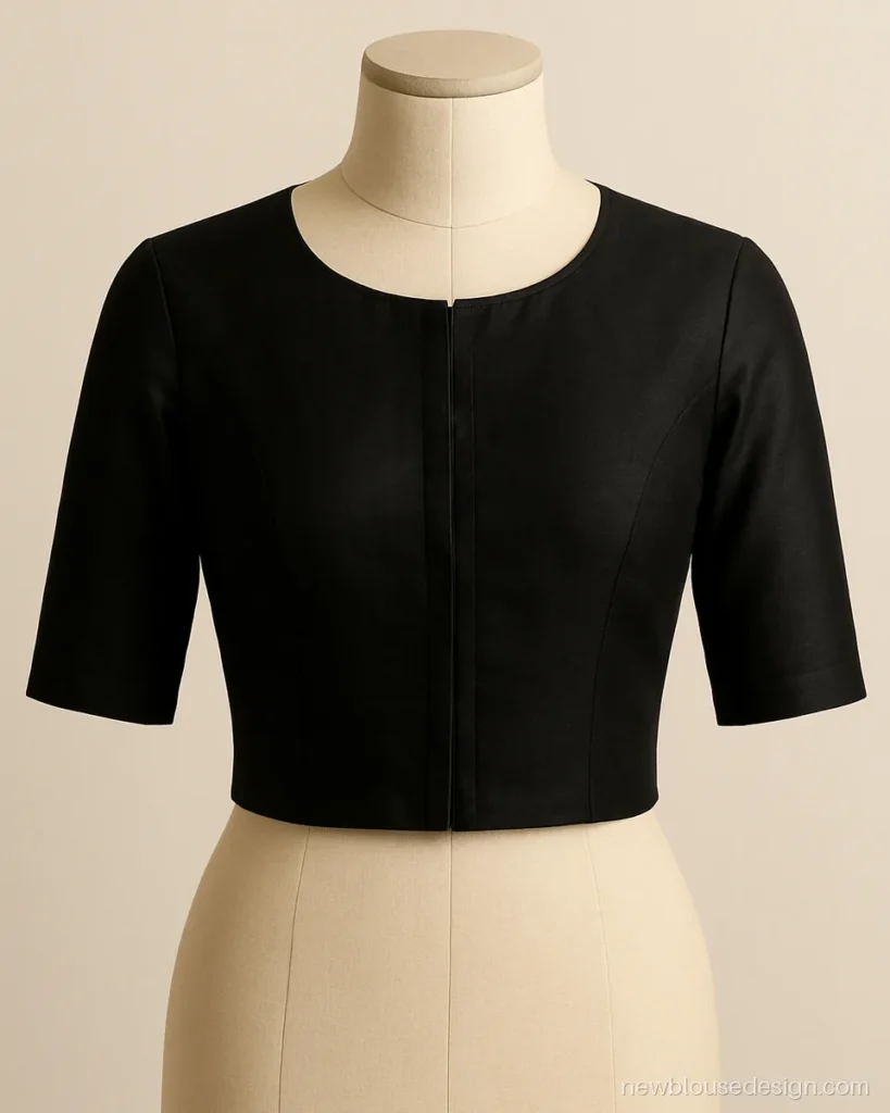 Plain black colour blouse design with round neck and elbow sleeves on dress form