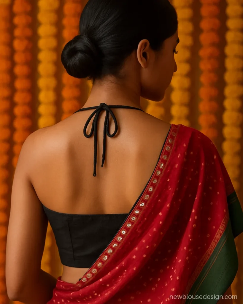 Black sleeveless halter blouse with small mirror work border for Navratri