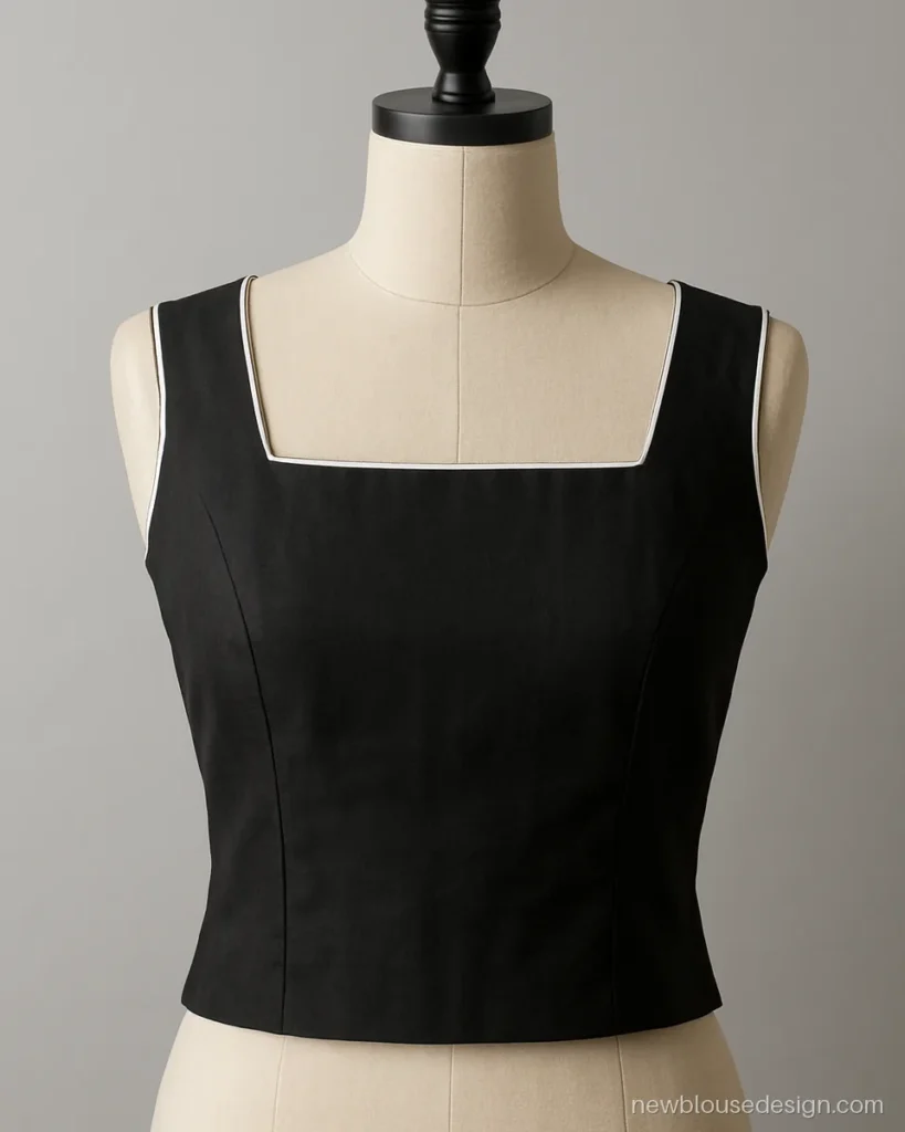 Black and white blouse design sleeveless with square neck and white piping