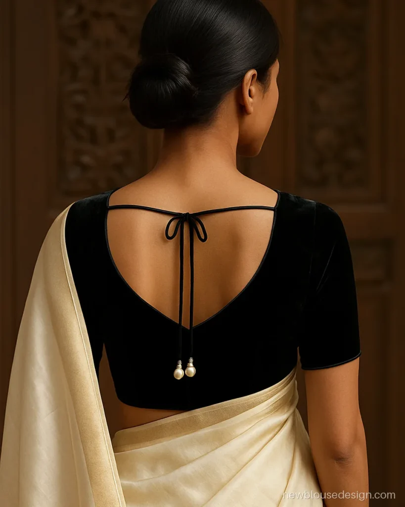 Black velvet blouse back design with paan neck and pearl latkans