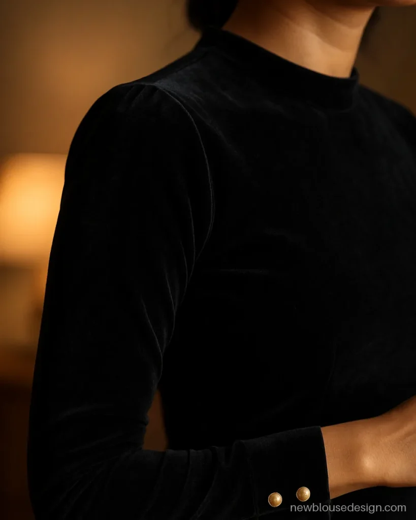 Black velvet high neck full sleeves blouse with gold buttons at the wrist