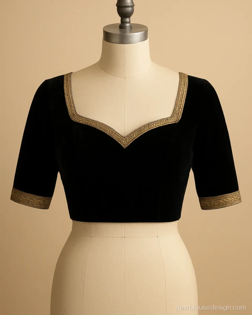 Black velvet blouse with sweetheart neck and antique zardozi border on dress form