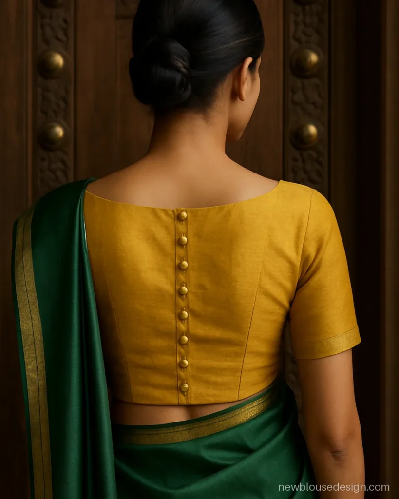 Boat neck back side blouse design in mustard silk with a row of gold buttons