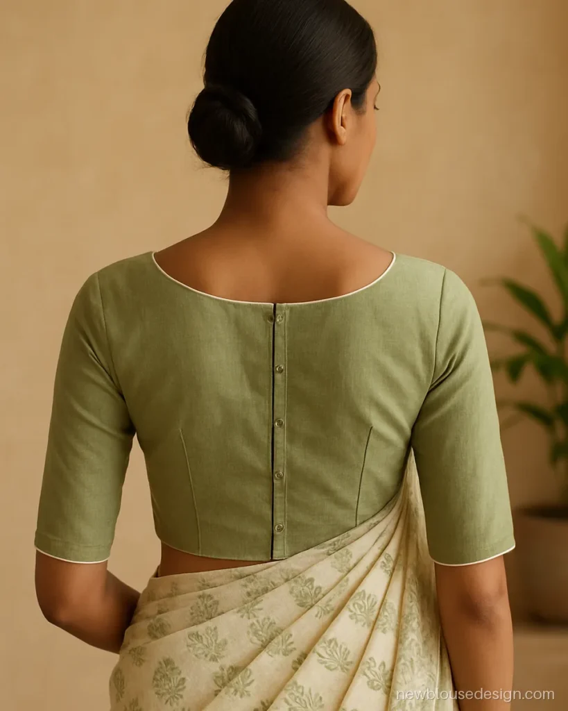 Boat neck back hook blouse design in pista green cotton with white piping