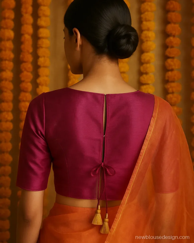 Magenta boat neck back blouse design with a low tie and silk tassels