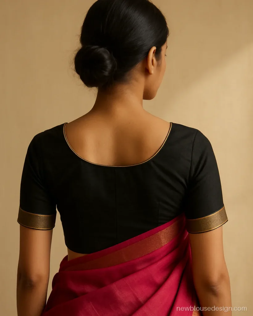 Boat neck black blouse back design with gold piping and short sleeves