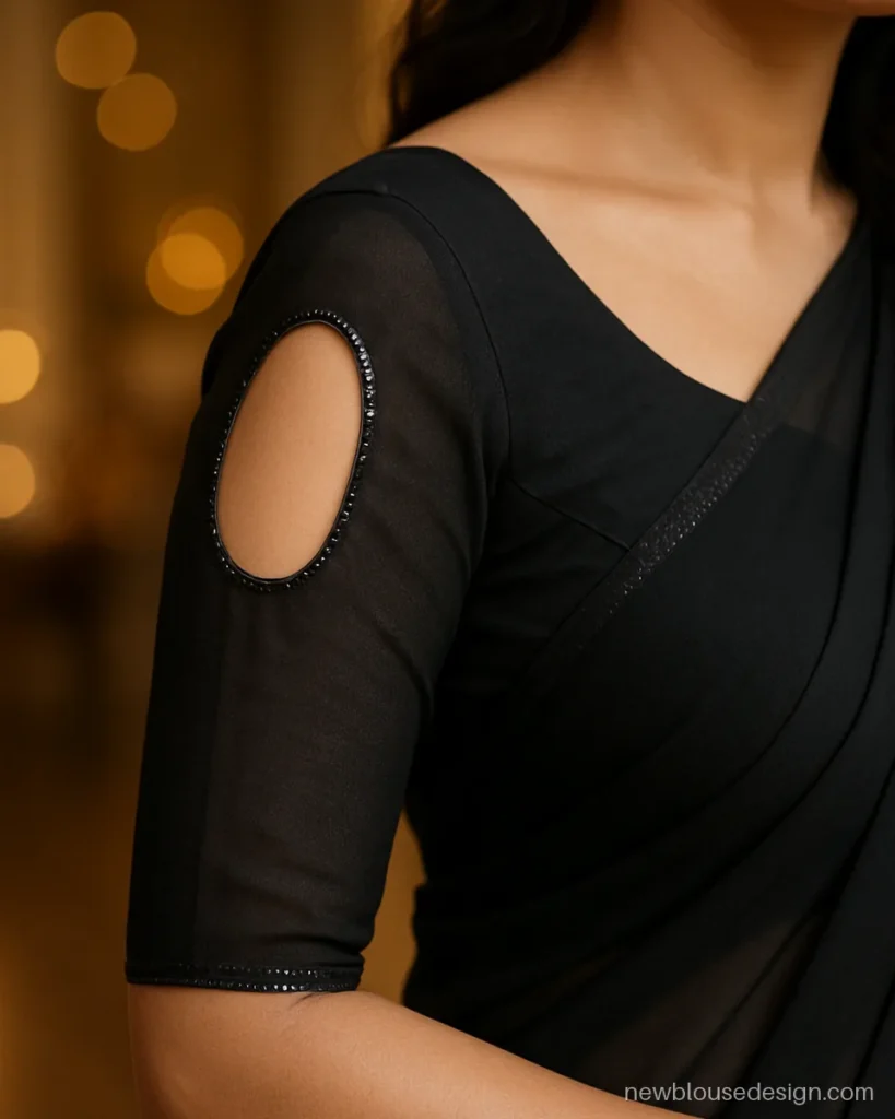Black georgette boat neck blouse sleeve design with cold shoulder cut-out