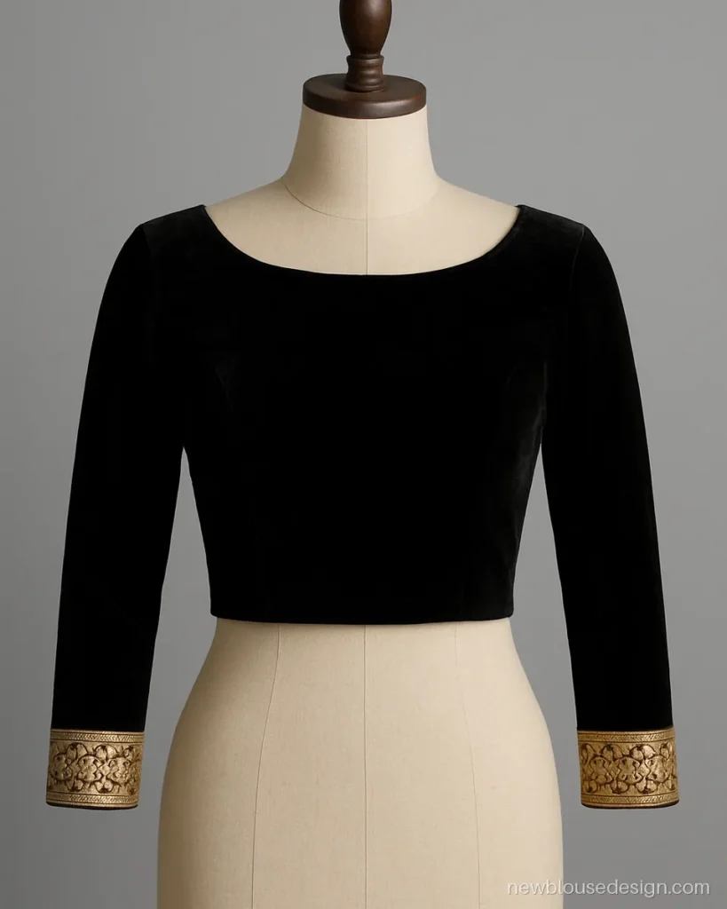 Black velvet boat neck full sleeves blouse with gold zardozi cuffs on dress form
