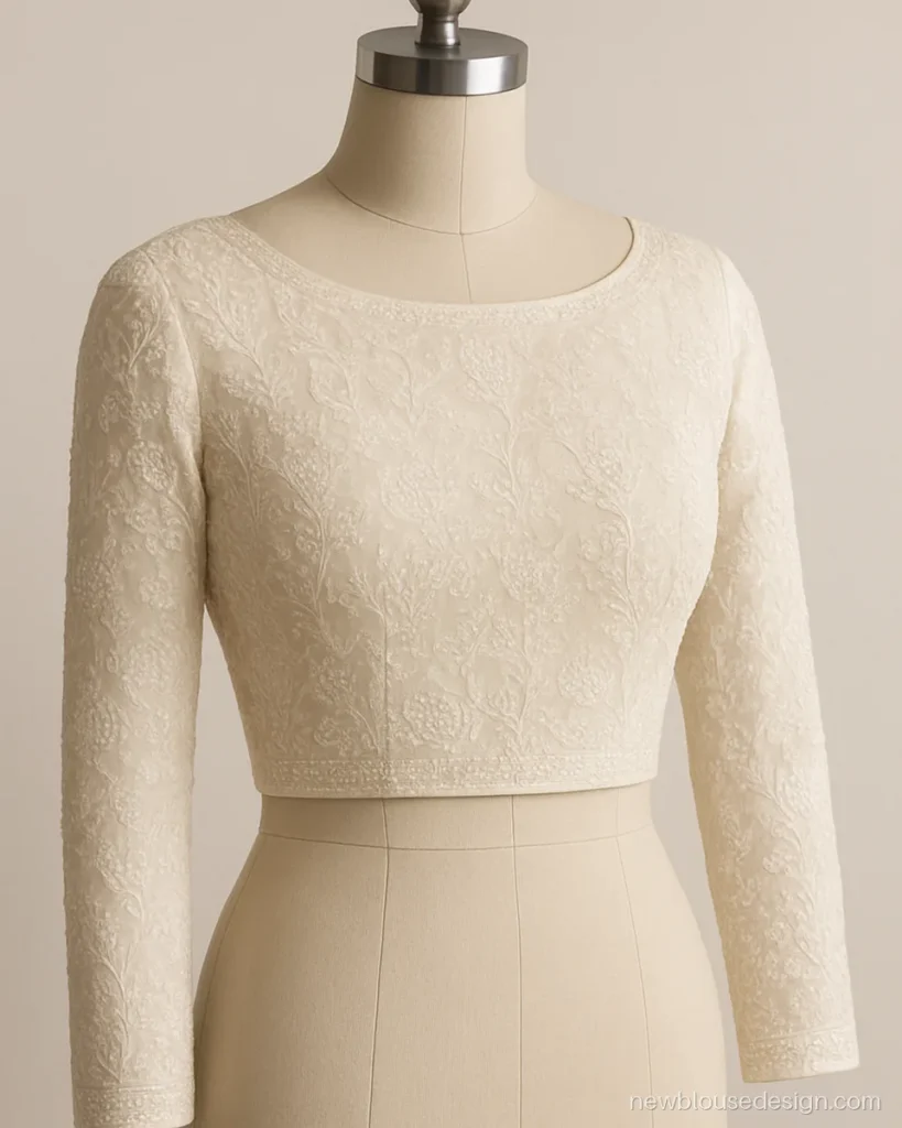 Ivory boat neck full sleeve blouse design with Lucknowi thread embroidery