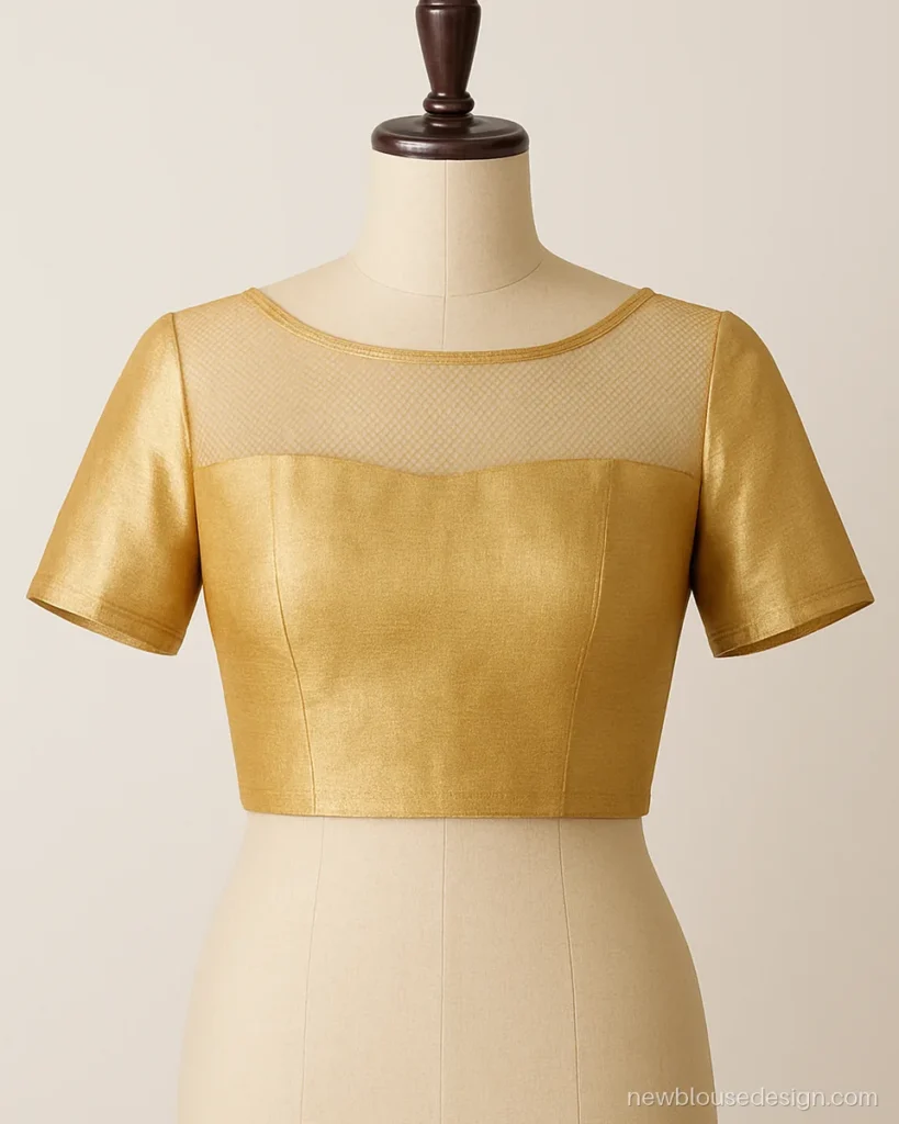 Golden tissue boat neck blouse with sheer net yoke and short sleeves