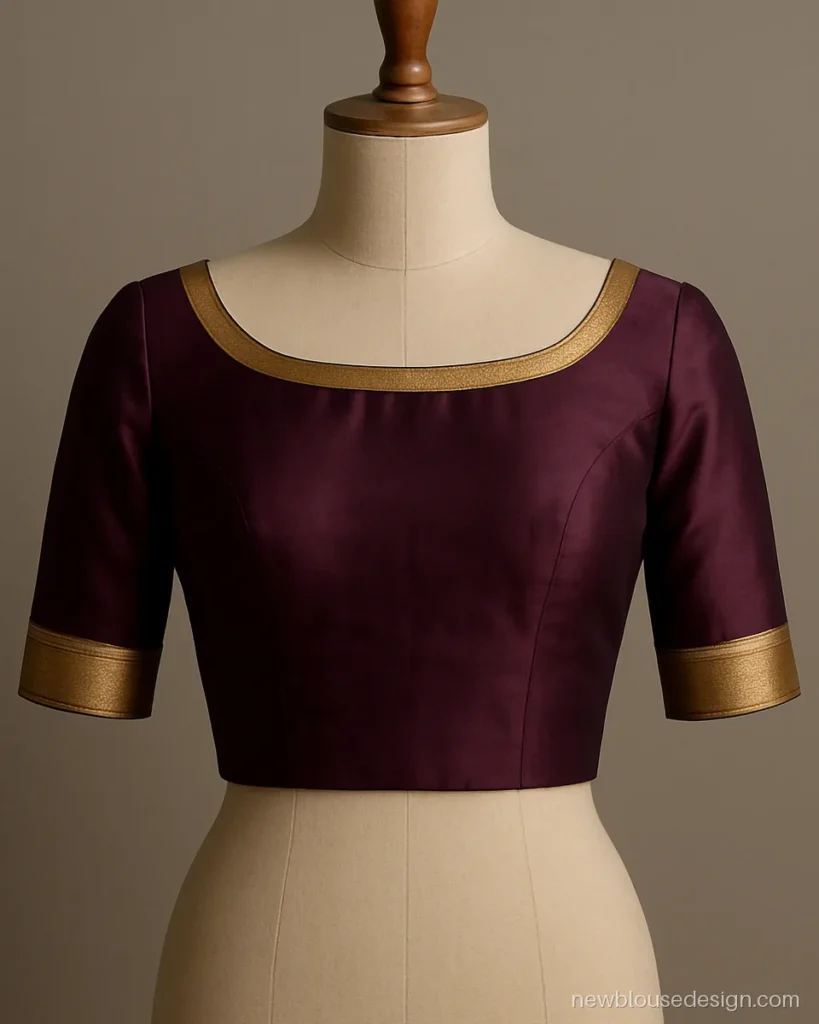 Front view of plum silk boat neck blouse with a zari band along the neckline
