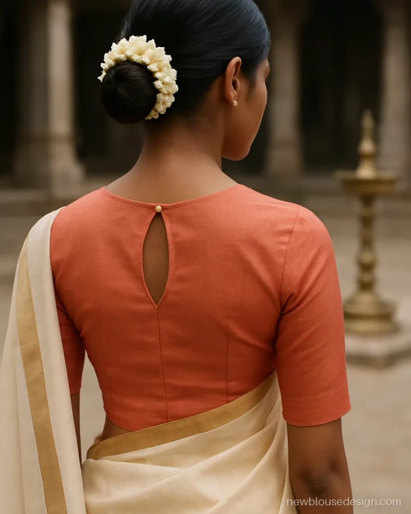 Coral boat neck blouse back with teardrop keyhole and a single pearl button