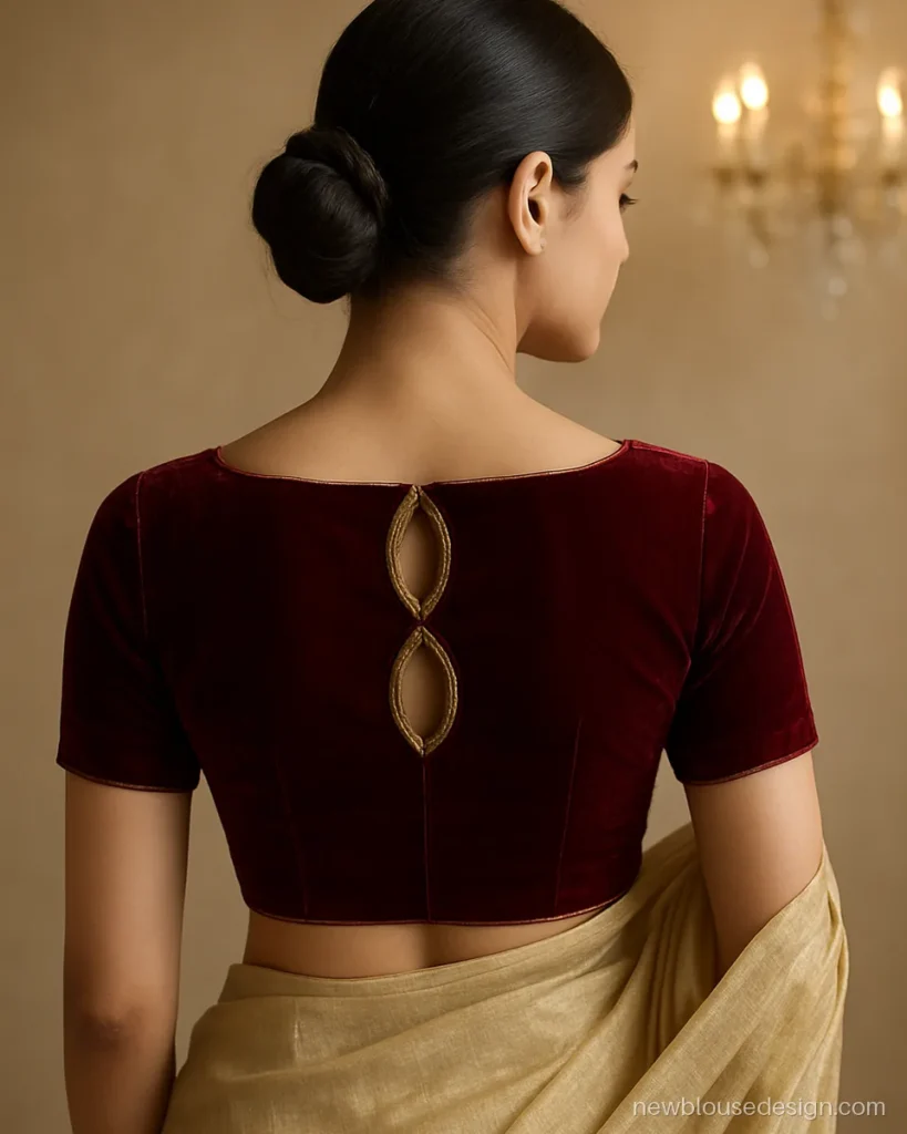 Wine velvet boat neck back blouse design with two keyholes and zardozi edging