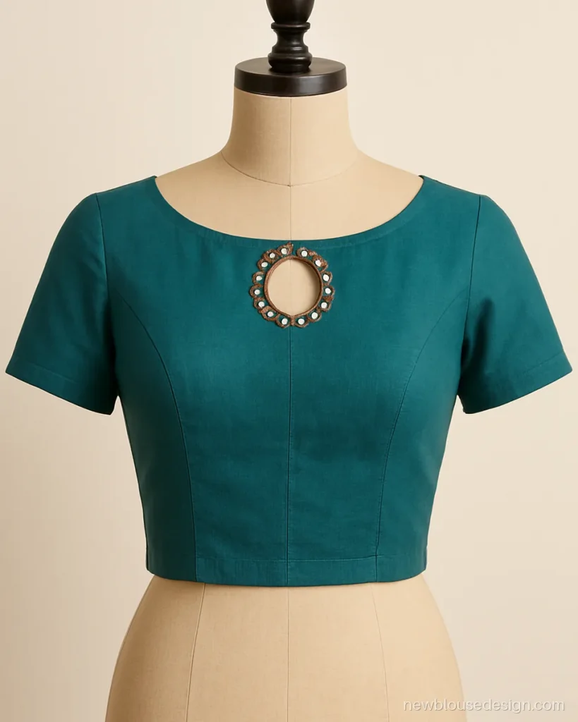 Teal boat neck blouse front design with a small round keyhole and mirror trim