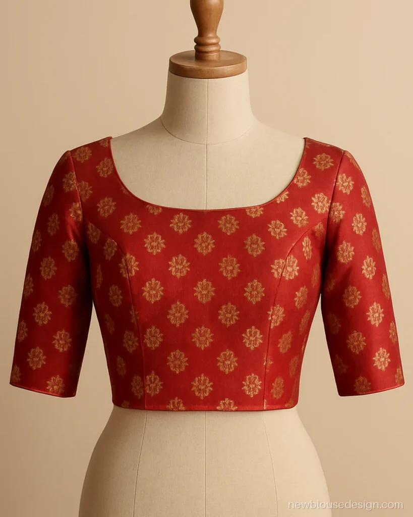Red Banarasi boat neck blouse with three-quarter sleeves and buti all over