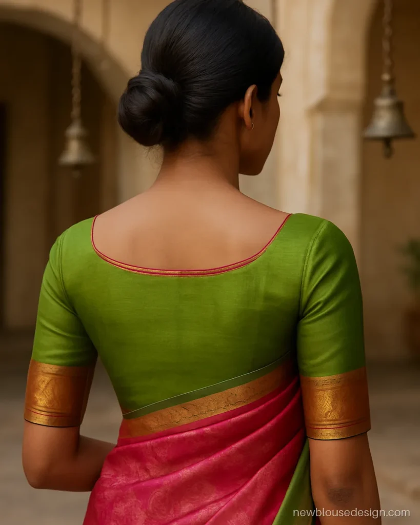 Traditional boat neck blouse back design in green Kanjivaram with temple border