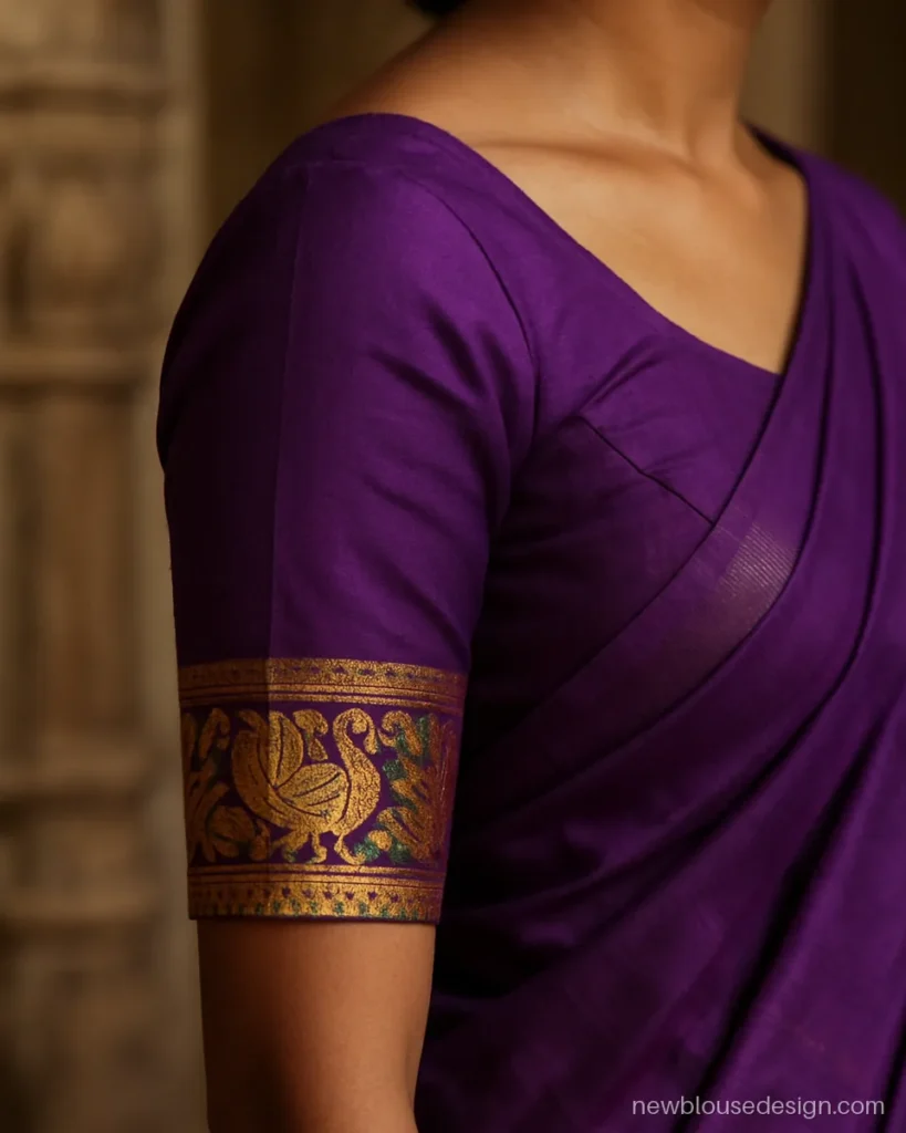 Purple Paithani boat neck blouse with peacock border on elbow sleeves
