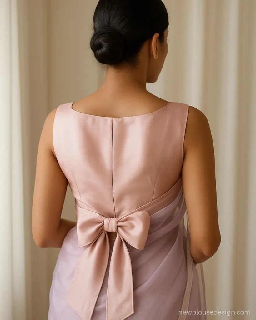 Blush pink sleeveless boat neck blouse back with a big bow at the waist