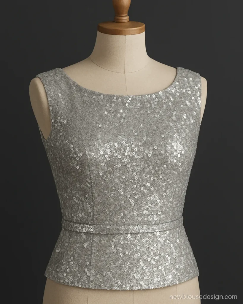 Silver sleeveless boat neck blouse with a slim sequin belt at the waist on a dress form