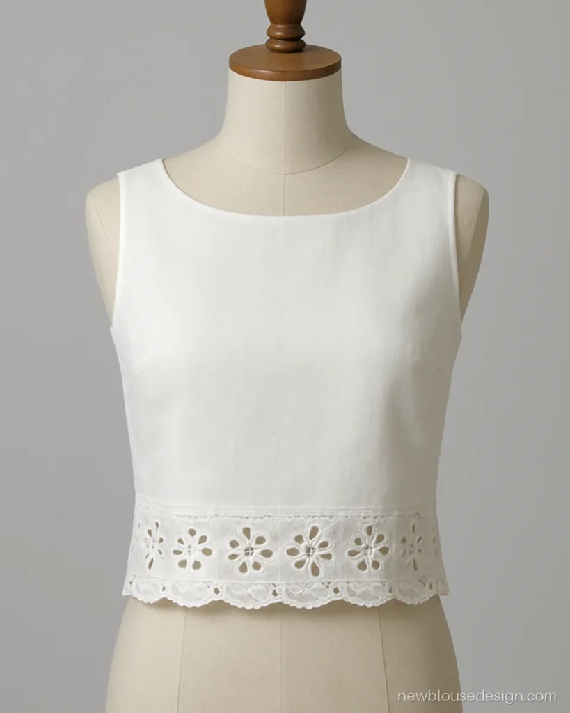 Boat neck white blouse design sleeveless with cutwork hem