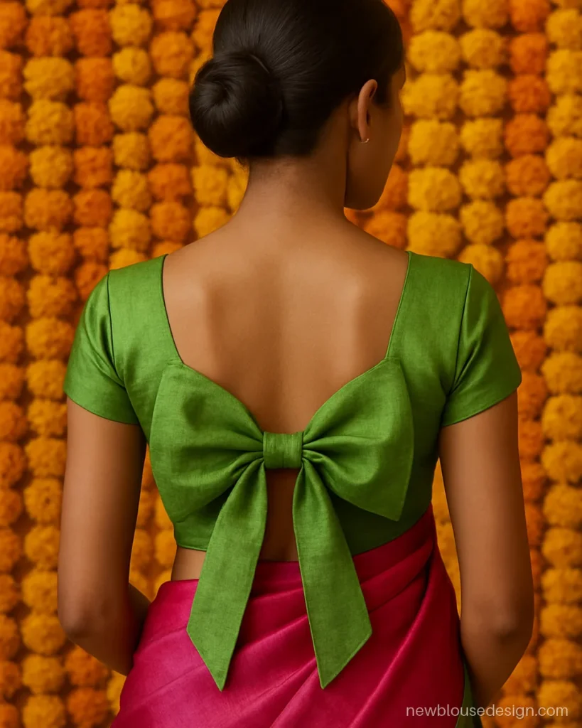 Bow butterfly back blouse design with long bow loops spreading like wings in green