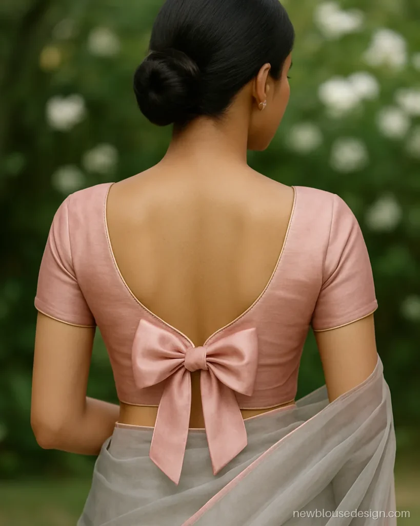 Blouse back bow design with a satin bow at the base of a deep U on pink silk