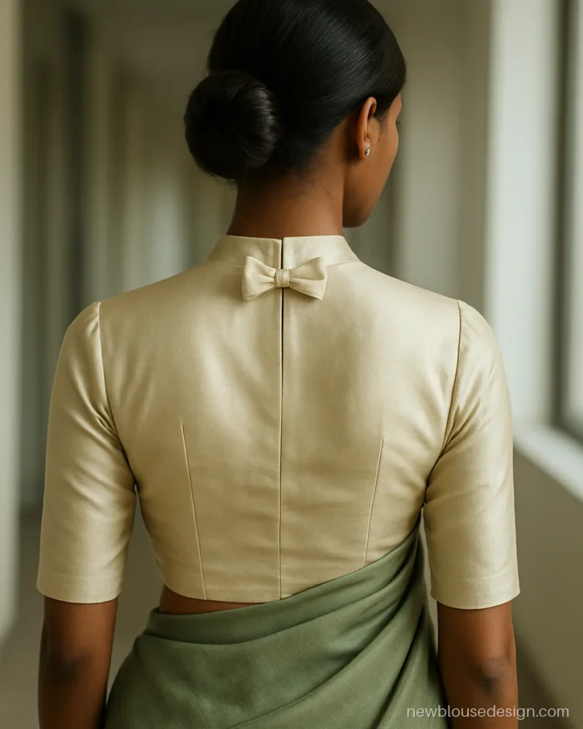 Blouse back neck bow design with a small bow at the nape of a cream silk blouse