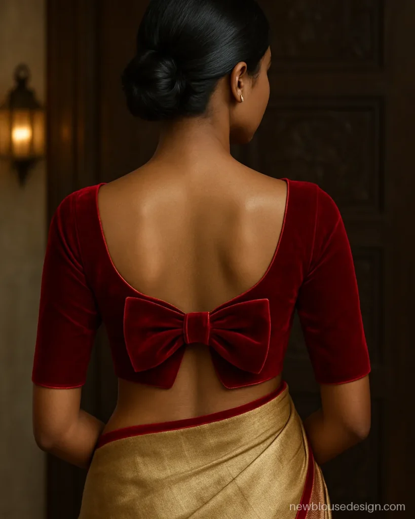 Instagram stylish bow blouse design with a big red velvet bow covering the back