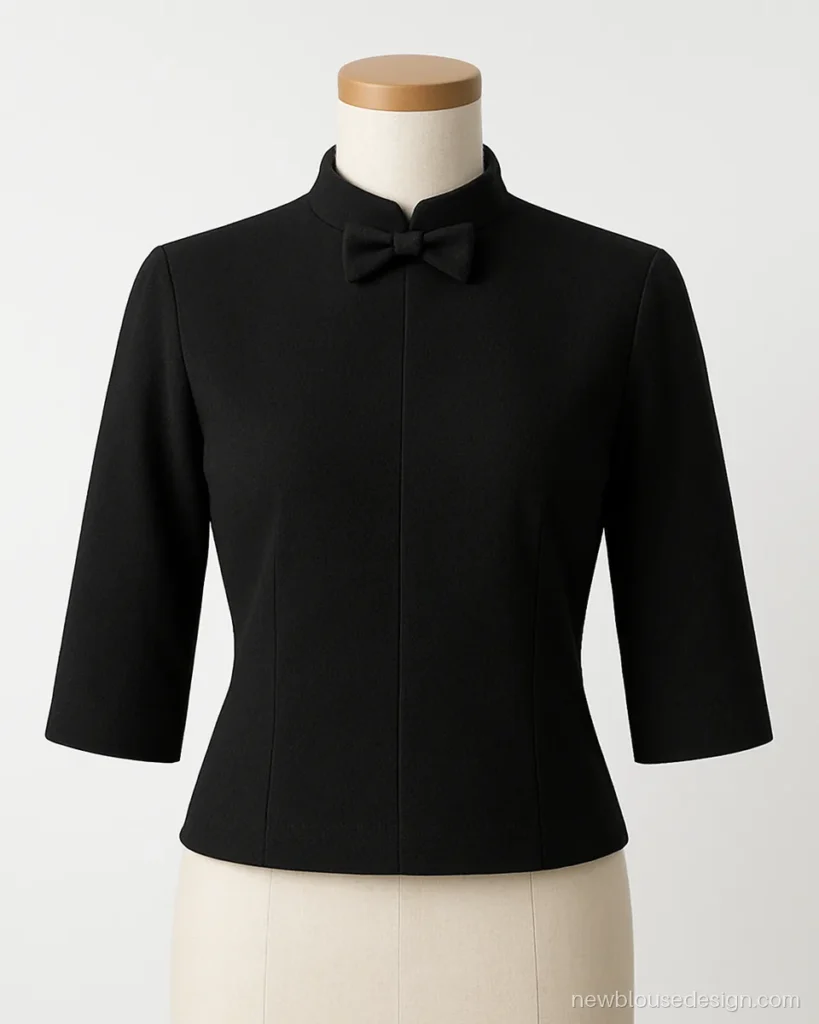 Front bow blouse design in black with a bow tie at the collar