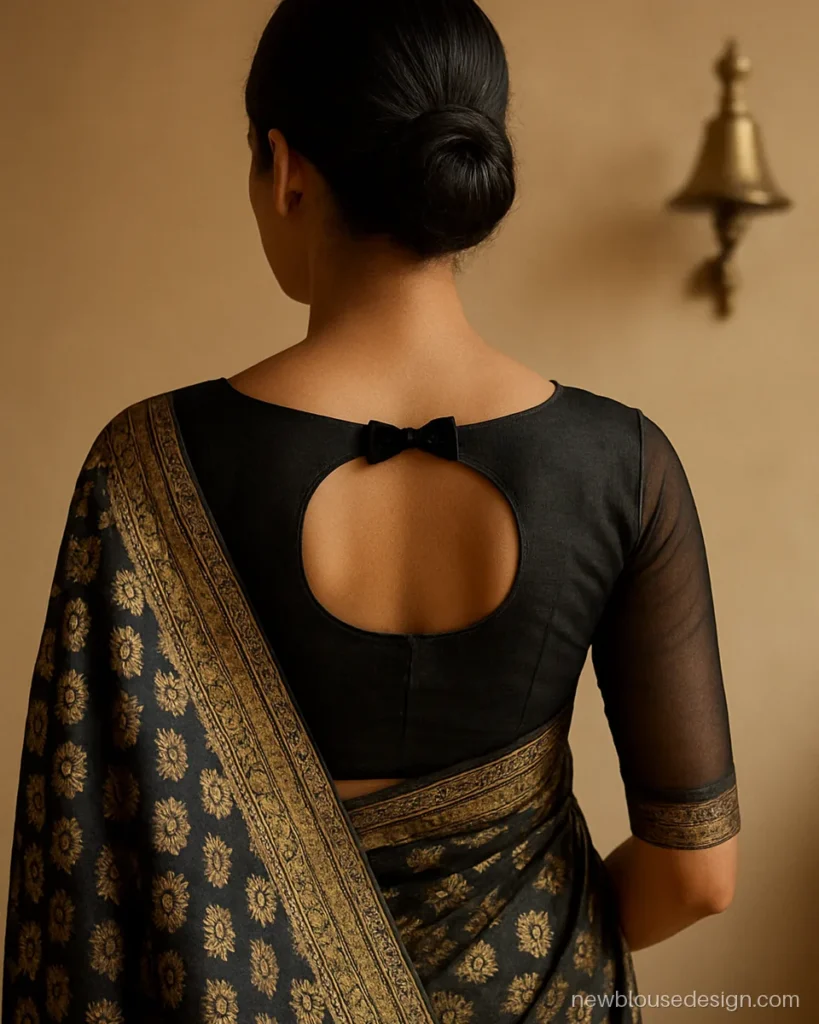 Black blouse with net sleeves and a small velvet bow at the back neck