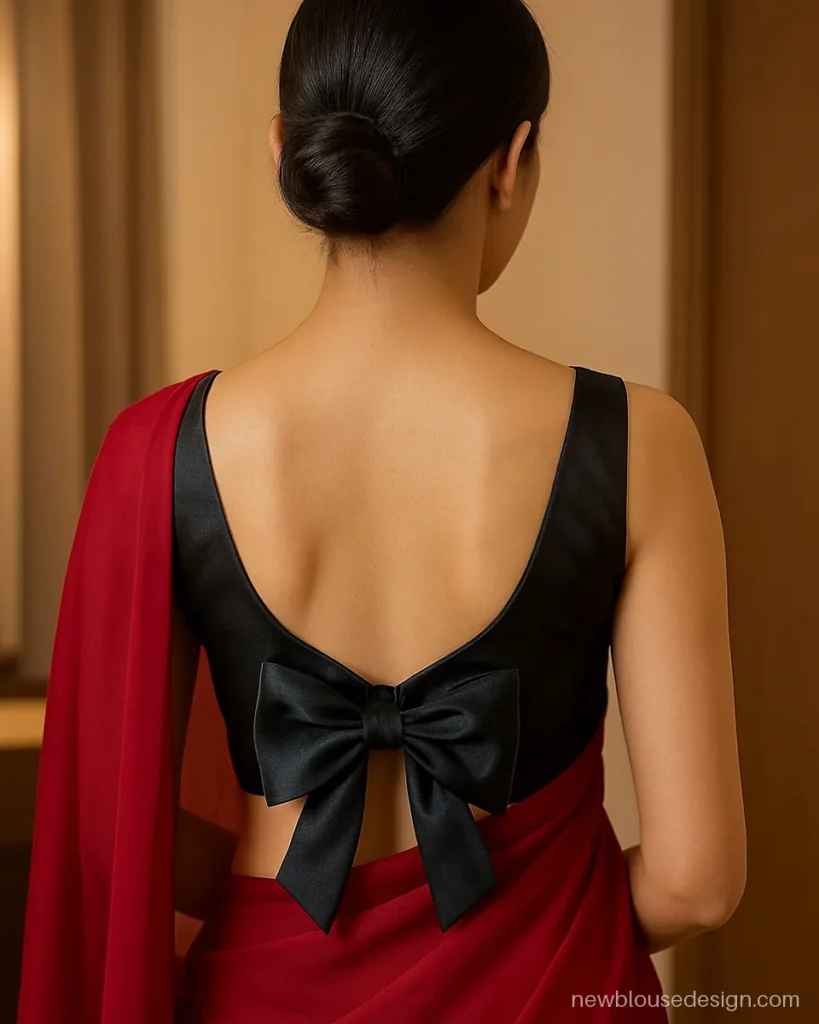 Bow black sleeveless blouse design with a big satin bow on the open back