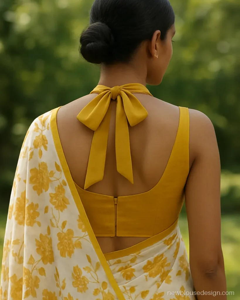 Stylish bow blouse design in mustard sleeveless halter with a bow tie at the neck