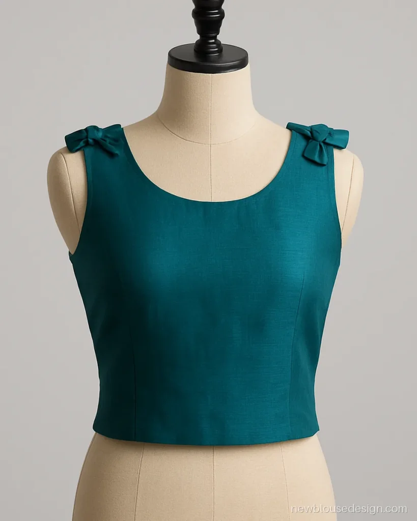 Teal sleeveless blouse with small bows on both shoulders