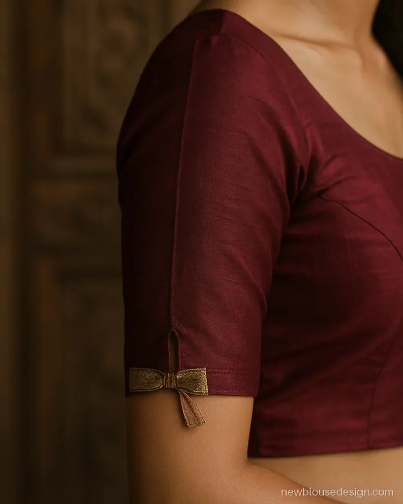 Bow design blouse sleeves in maroon silk with a small bow at the elbow hem