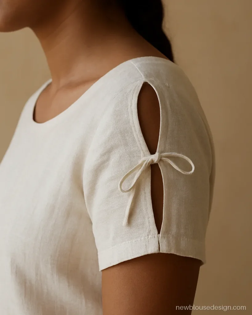 Off-white blouse with tie-up bows on the shoulder of short sleeves